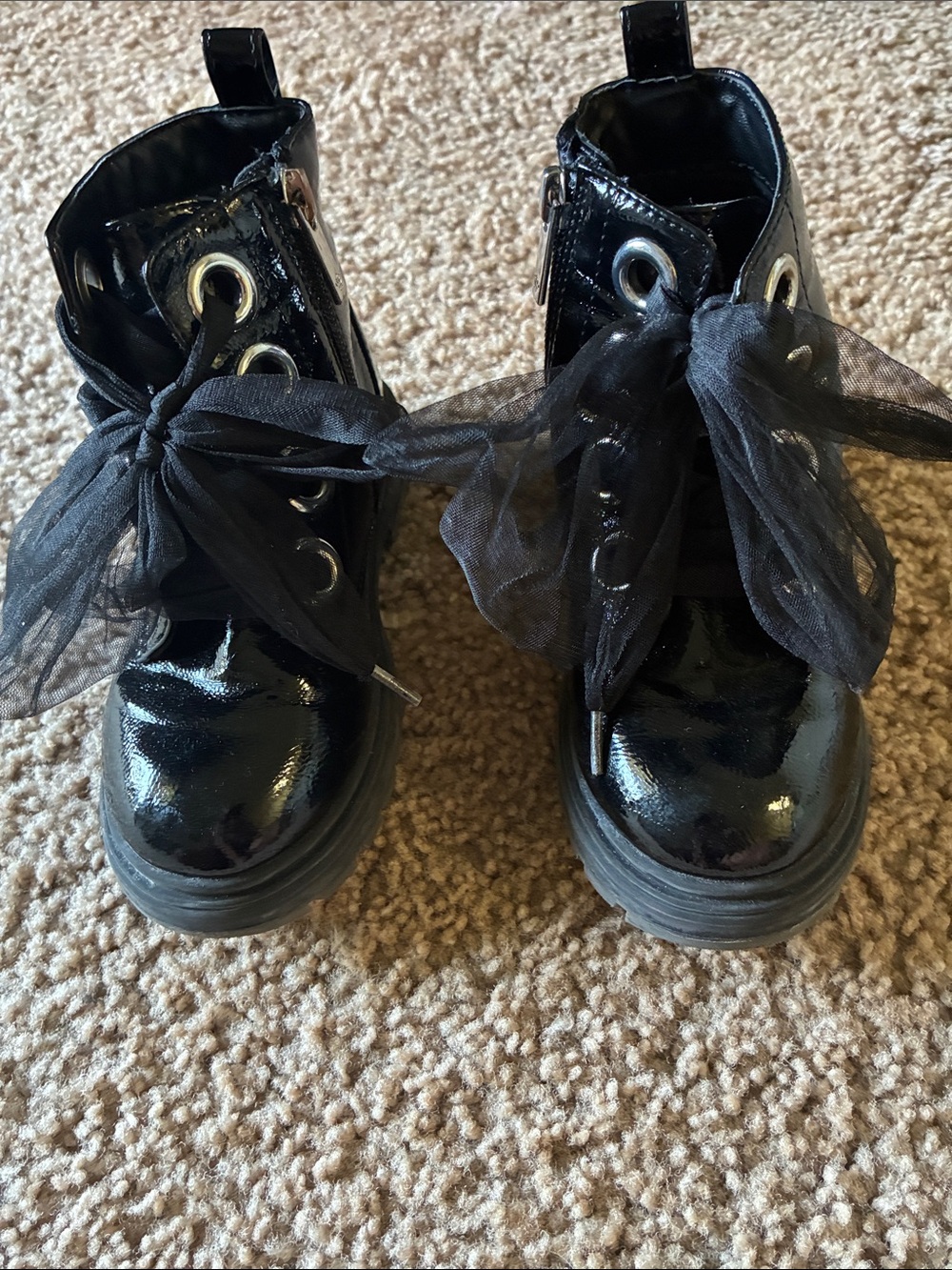 Nina Black Patent Combat Boots with Sheer Ribbon Laces